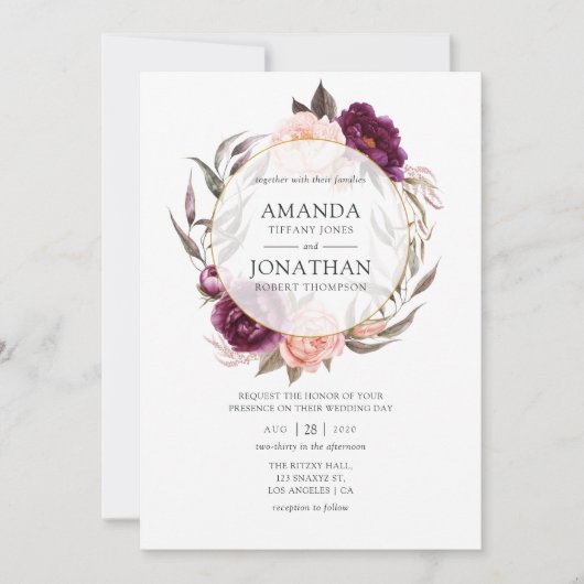 ブルゴーニュプラムと赤面フローラ幾何結婚の 招待状 (正面)