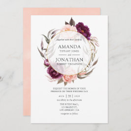 ブルゴーニュプラムと赤面フローラ幾何結婚の 招待状