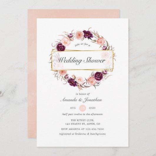 ブルゴーニュプラムと赤面幾何学ウェディングシャワー 招待状 (正面/裏面)