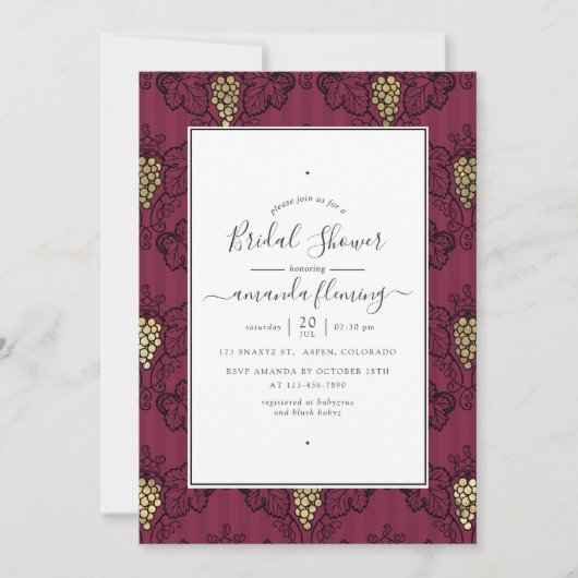 ブルゴーニュプラムと金ゴールドワインテイスティングブライダルシャワー 招待状 (正面)