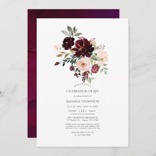 ブルゴーニュベリー&赤面フローラお祝いオブライフ 招待状 (正面/裏面)