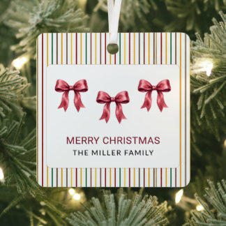 ブルゴーニュボウストライプファミリーホワイトクリスマス メタルオーナメント