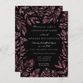 ブルゴーニュボルドーブラックグリッターリーフフローラフレーム 招待状 (正面/裏面)
