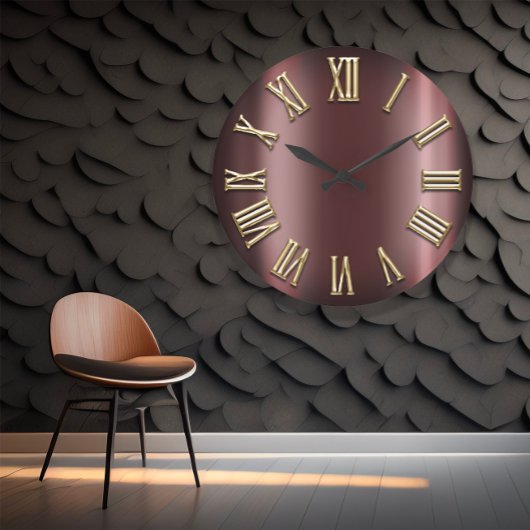 ブルゴーニュマルーン金ゴールドメタリックローマ数字 ラージ壁時計