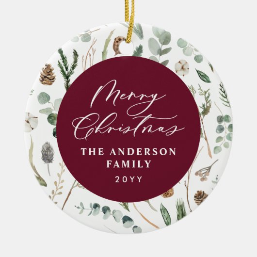 ブルゴーニュミニマルクリスマス植物写真 セラミックオーナメント (正面)