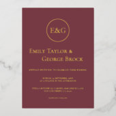 ブルゴーニュミニマルタイポグラフィエレガントな結婚式金ゴールド 箔招待状 (正面)