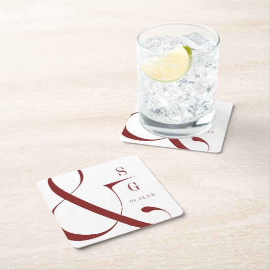 ブルゴーニュモダンタイポグラフィカップルのモノグラム スクエアペーパーコースター (インサイチュ)
