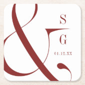 ブルゴーニュモダンタイポグラフィカップルのモノグラム スクエアペーパーコースター (正面)