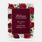 ブルゴーニュモダンフローラウォーターカラーエレガントな結婚式 アクリルサイン (正面)