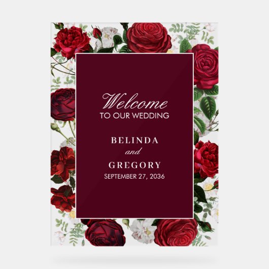 ブルゴーニュモダンフローラウォーターカラーエレガントな結婚式 アクリルサイン (正面)