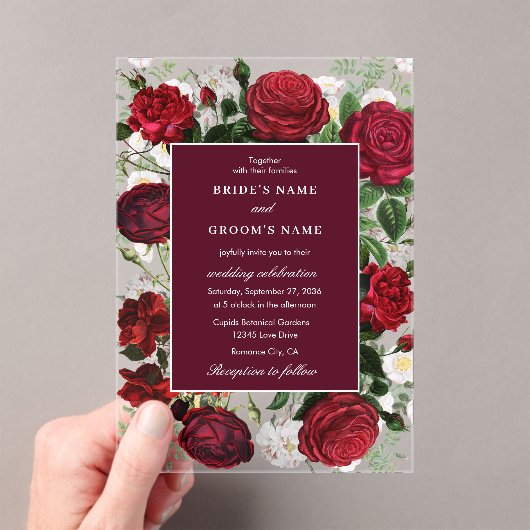 ブルゴーニュモダンフローラウォーターカラーエレガントな結婚式 アクリル招待状 (インサイチュ (ポータブル))