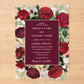 ブルゴーニュモダンフローラウォーターカラーエレガントな結婚式 アクリル招待状 (正面)