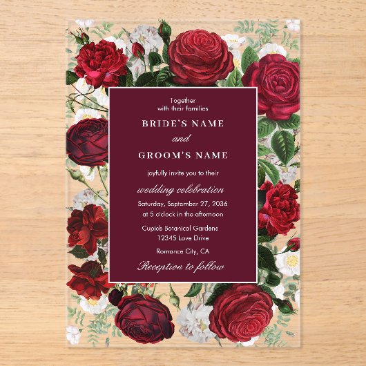ブルゴーニュモダンフローラウォーターカラーエレガントな結婚式 アクリル招待状 (正面)
