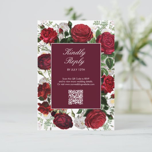 ブルゴーニュモダンフローラウォーターカラーエレガントな結婚式 エンクロージャーカード (スタンド正面)