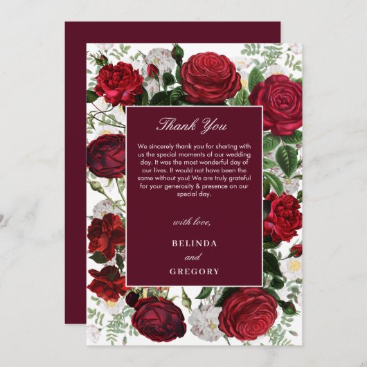 ブルゴーニュモダンフローラウォーターカラーエレガントな結婚式 サンキューカード (正面/裏面)