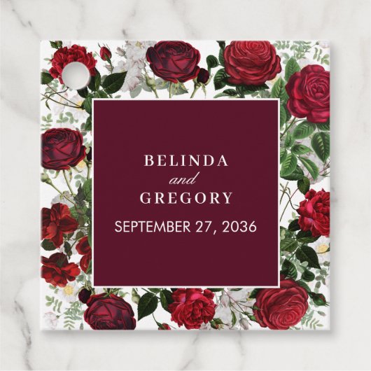 ブルゴーニュモダンフローラウォーターカラーエレガントな結婚式 フェイバータグ (正面)