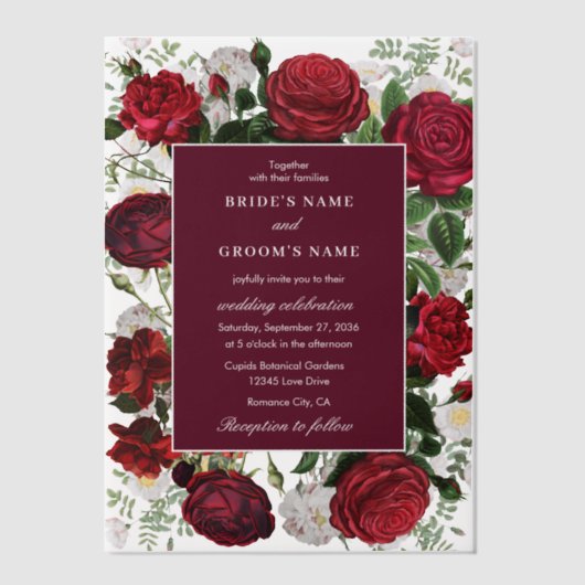 ブルゴーニュモダンフローラウォーターカラーエレガントな結婚式 ベラム紙招待状 (正面)