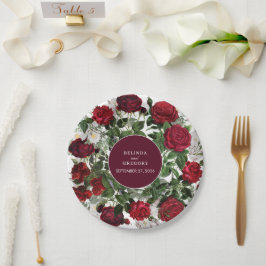 ブルゴーニュモダンフローラウォーターカラーエレガントな結婚式 ペーパープレート