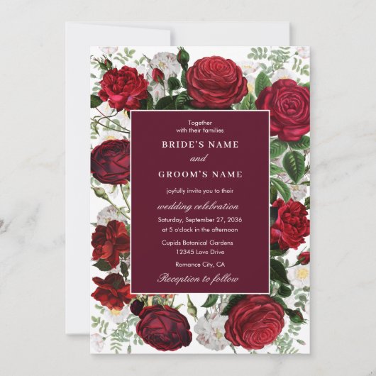 ブルゴーニュモダンフローラウォーターカラーエレガントな結婚式 招待状 (正面)