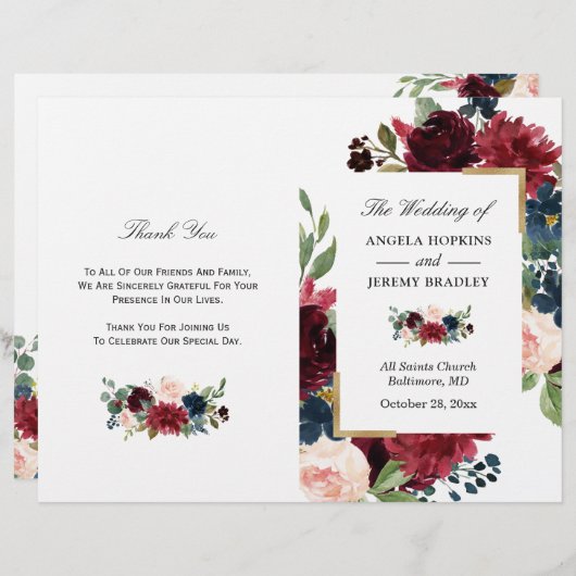 ブルゴーニュモダンフローラ折り畳み結婚式 プログラム (正面/裏面)