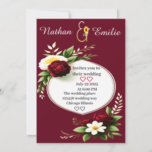 ブルゴーニュモダンーとグリーンのロマン結婚ティック 招待状 (正面)