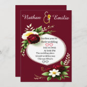 ブルゴーニュモダンーとグリーンのロマン結婚ティック 招待状 (正面/裏面)