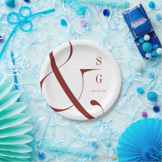 ブルゴーニュモダンーのミニマルなカップルのモノグラム ペーパープレート (パーティー)