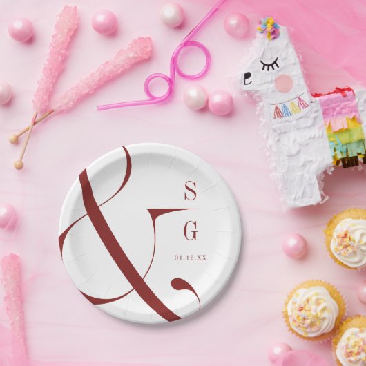 ブルゴーニュモダンーのミニマルなカップルのモノグラム ペーパープレート (パーティー)
