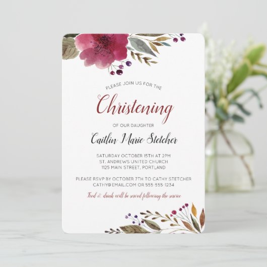 ブルゴーニュモダンーフラワーズバプテスマ《キリスト教》洗礼式や命名式 招待状 (スタンド正面)