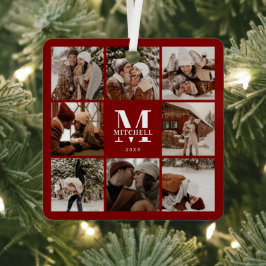 ブルゴーニュモダンー家族フォトコラージモノグラムギフト メタルオーナメント