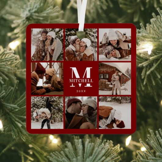 ブルゴーニュモダンー家族フォトコラージモノグラムギフト メタルオーナメント (インサイチュ)