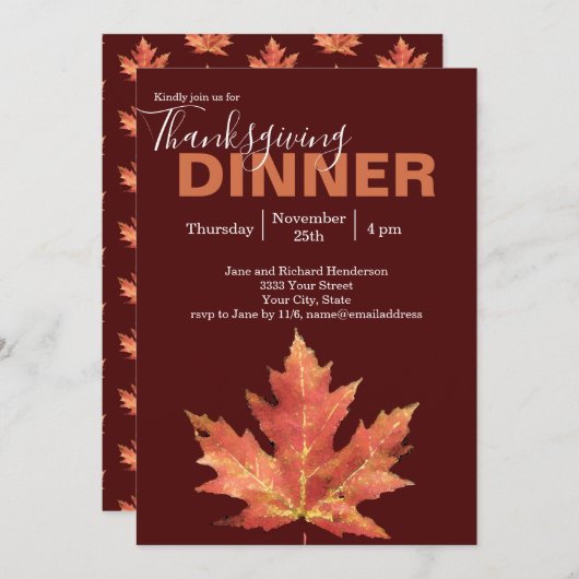 ブルゴーニュモダンー秋リーフサンクスギビングディナー 招待状 (正面/裏面)