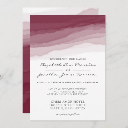 ブルゴーニュモダンー色の灰色の結婚水色 招待状 (正面/裏面)