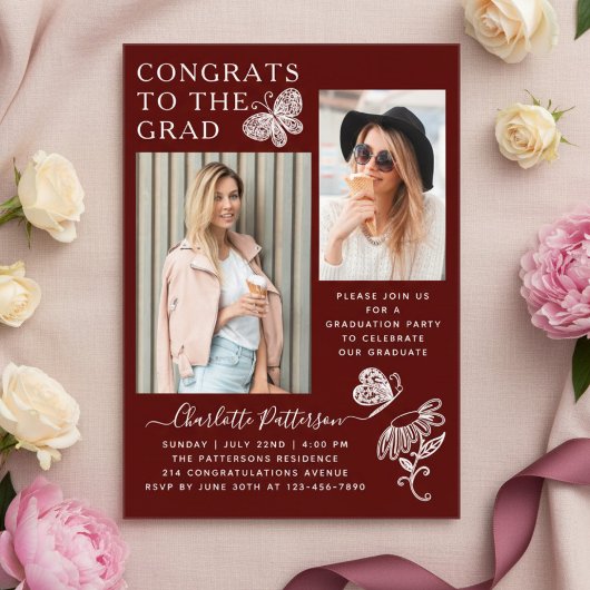 ブルゴーニュモダンー蝶の写真卒業パーティー アクリル招待状