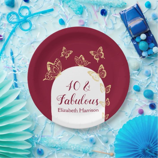 ブルゴーニュモダンー金ゴールド蝶の素晴らしい誕生日 ペーパープレート (パーティー)