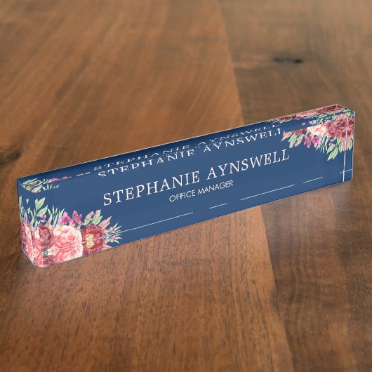 ブルゴーニュモダン赤面フローラネイビーブルーウォーター色 デスクネームプレート (側面)