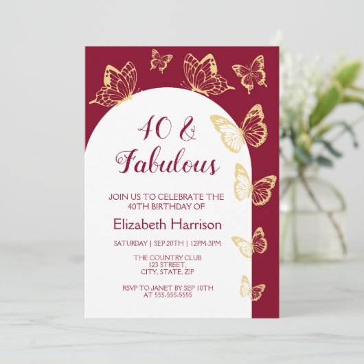 ブルゴーニュモダン金ゴールドバタフライファブラス誕生日 招待状 (スタンド正面)