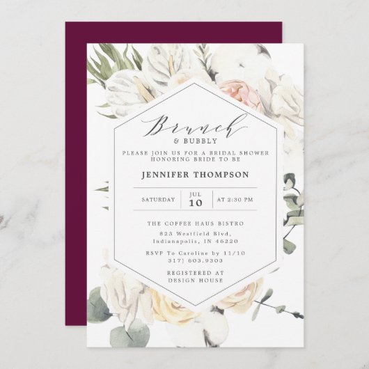 ブルゴーニュユーカリフローラ幾何学ブライダルシャワー 招待状 (正面/裏面)