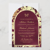 ブルゴーニュラインアート金ゴールドアーチバタフライ結婚ズ 招待状 (正面)