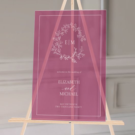 ブルゴーニュリーリーフェリークレストモノグラム結婚ウェルカム アクリルサイン