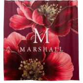 ブルゴーニュレッドおよび金ゴールドフローラモノグラムエレガント シャワーカーテン (正面)