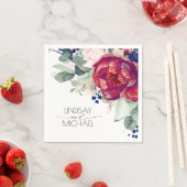 ブルゴーニュレッドとネイビーブルーのフローラ エレガント スタンダードカクテルナプキン (インサイチュ)