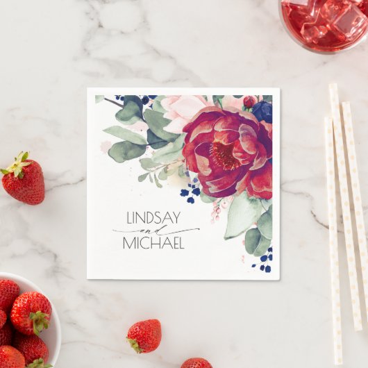 ブルゴーニュレッドとネイビーブルーのフローラ エレガント スタンダードカクテルナプキン (インサイチュ)