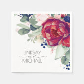 ブルゴーニュレッドとネイビーブルーのフローラ エレガント スタンダードカクテルナプキン (正面)