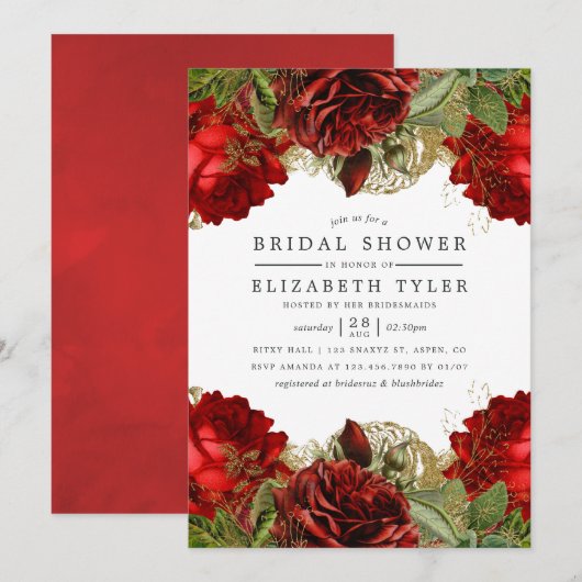 ブルゴーニュレッドと金ゴールドヴィンテージバラブライダルシャワー 招待状 (正面/裏面)