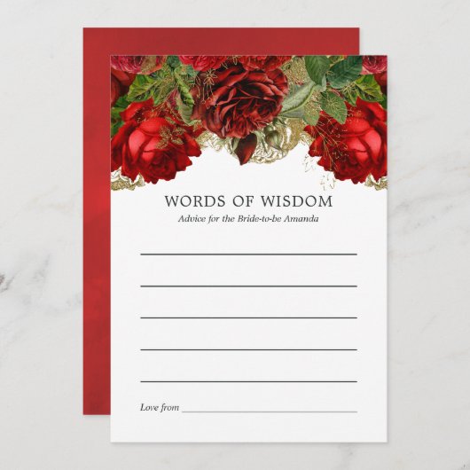 ブルゴーニュレッドと金ゴールドヴィンテージブライダルシャワーアドバイス 招待状 (正面/裏面)