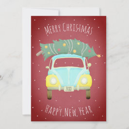 ブルゴーニュレッドのレトロカー クリスマスツリー カスタムイヤー シーズンカード