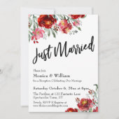 ブルゴーニュレッドの花柄タイポグラフィーJust Married 招待状 (正面)