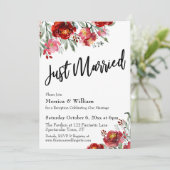 ブルゴーニュレッドの花柄タイポグラフィーJust Married 招待状 (スタンド正面)