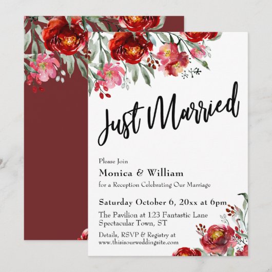 ブルゴーニュレッドの花柄タイポグラフィーJust Married 招待状 (正面/裏面)